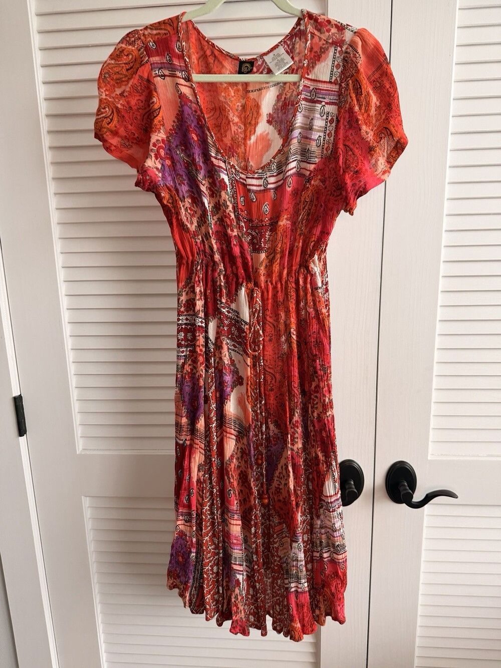 BILA Boho Patchwork Print Paisley Maxi Dress Red Orange Tie Waist